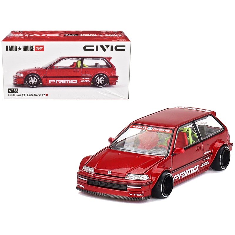 Honda Civic (EF) “Kaido Works V2” Red Metallic with Graphics (Designed by Jun Imai) “Kaido House” Special 1/64 Diecast Model Car by Mini GT