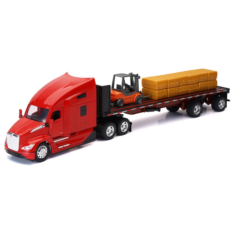 Kenworth T680 Truck Red and Flatbed Trailer with Forklift and Hay Load “Long Haul Trucker” Series 1/32 Diecast Model by New Ray