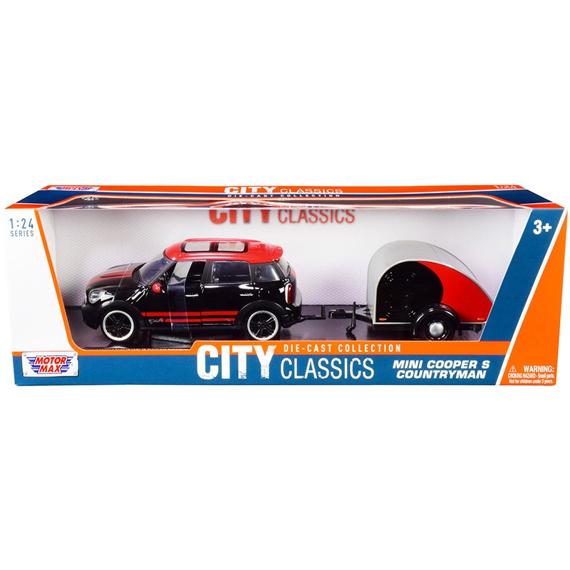 Mini Cooper S Countryman with Travel Trailer Black and Red “City Classics” Series 1/24 Diecast Model Car by Motormax