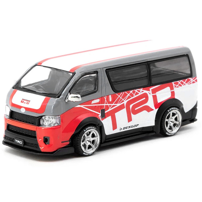 Toyota Hiace Widebody Van RHD (Right Hand Drive) “TRD” Gray and White with Red Graphics “Hobby64” Series 1/64 Diecast Model Car by Tarmac Works