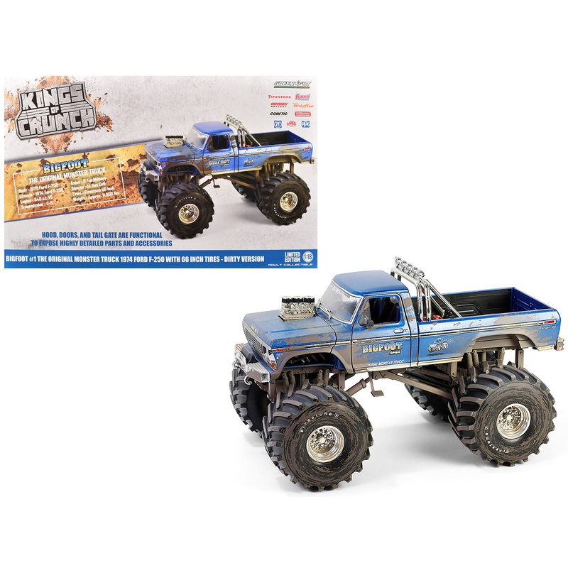 1974 Ford F-250 Monster Truck with 66-Inch Tires Blue “Bigfoot #1” (Dirty Version) “Kings of Crunch” Series 1/18 Diecast Model Car by Greenlight