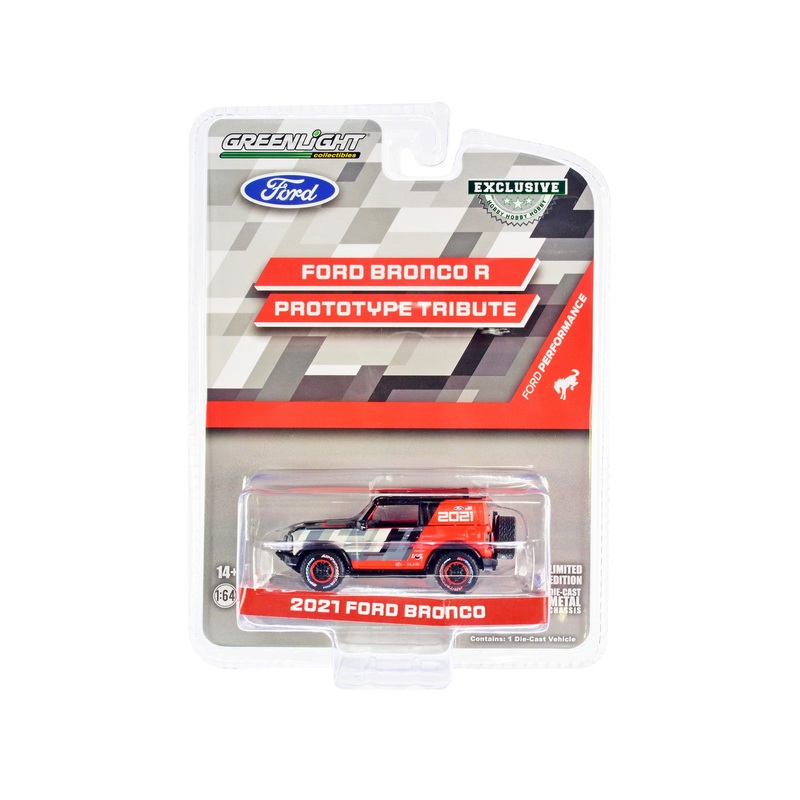 2021 Ford Bronco “Ford Performance Ford Bronco R Prototype Tribute” Edition Black and Orange with Graphics and Roof Rack “Hobby Exclusive” Series 1/64 Diecast Model Car by Greenlight