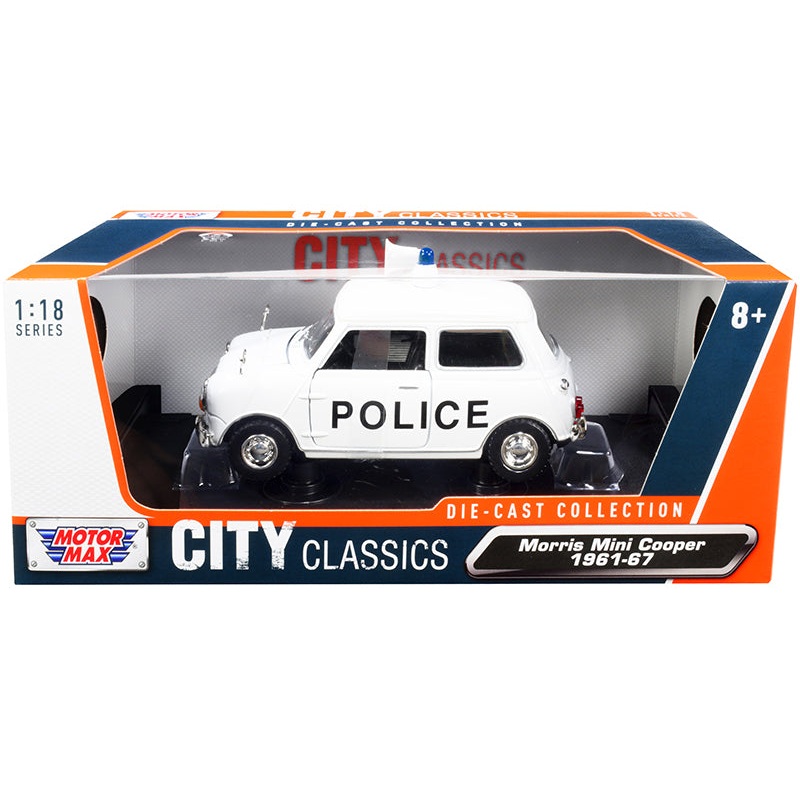 1961-1967 Morris Mini Cooper RHD (Right Hand Drive) “Police” White “City Classics” Series 1/18 Diecast Model Car by Motormax