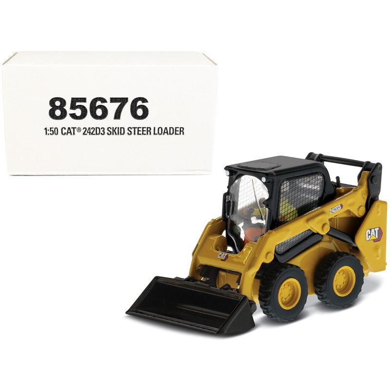CAT Caterpillar 242D3 Wheeled Skid Steer Loader with Work Tools and Operator Yellow “High Line Series” 1/50 Diecast Model by Diecast Masters