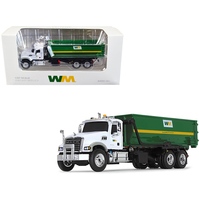 Mack Granite MP Refuse Garbage Truck with Tub-Style Roll-Off Container “Waste Management” White and Green 1/87 (HO) Diecast Model by First Gear