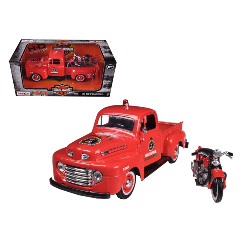1948 Ford F-1 Pickup Truck “Harley Davidson” Fire Truck and 1936 El Knucklehead Motorcycle 1/24 Diecast Models by Maisto