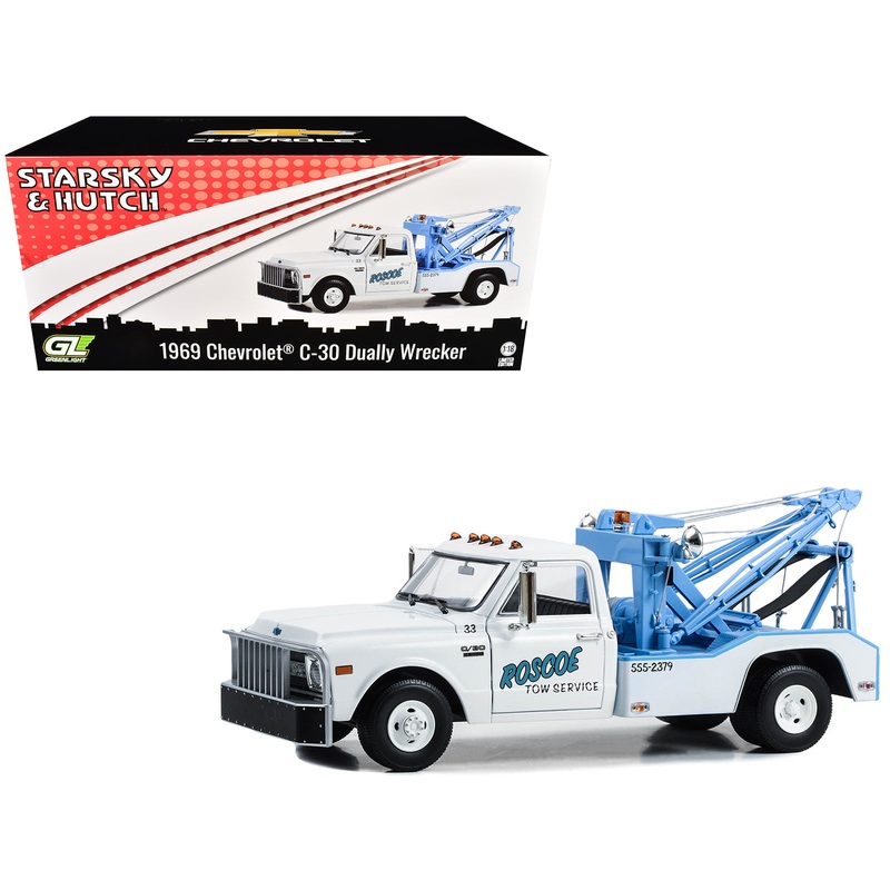 1969 Chevrolet C-30 Dually Wrecker Tow Truck “Roscoe Tow Service” White “Starsky and Hutch” (1975-1979) TV Series 1/18 Diecast Model Car by Greenlight