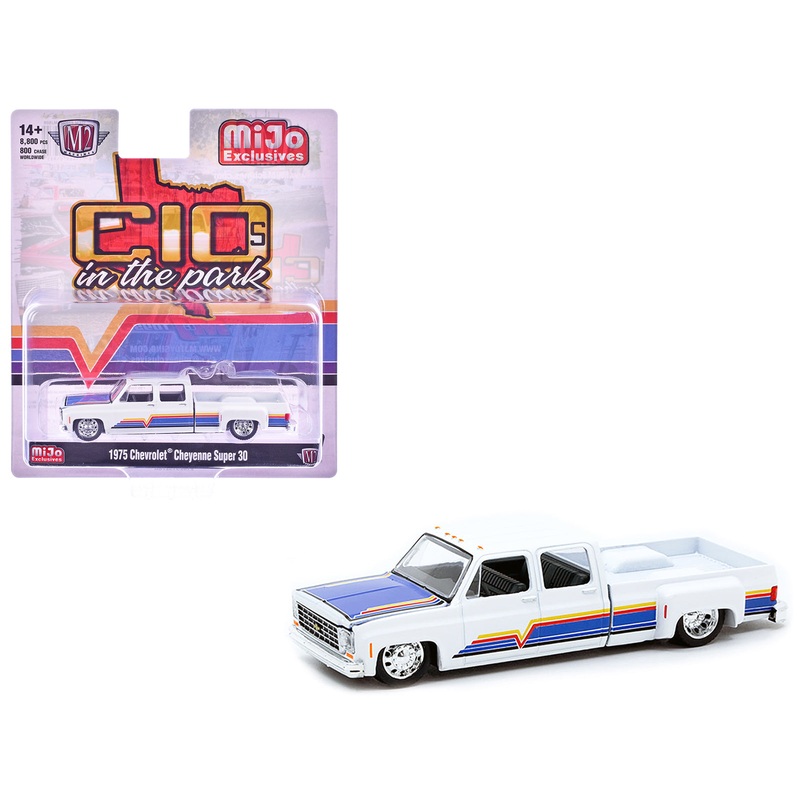 1975 Chevrolet Cheyenne Super 30 Dually Pickup Truck White with Blue Hood and Stripes Limited Edition to 8800 pieces Worldwide 1/64 Diecast Model Car by M2 Machines