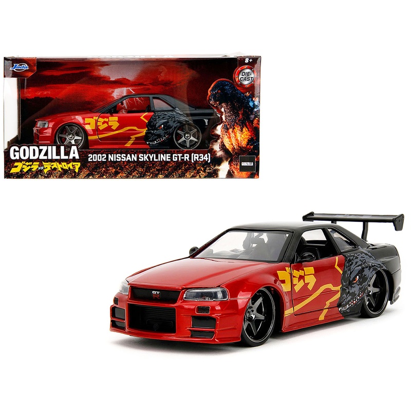 2002 Nissan Skyline GT-R (R34) RHD (Right Hand Drive) Red Metallic and Black “Godzilla vs. Destoroyah” (1995) Movie “Hollywood Rides” Series 1/24 Diecast Model Car by Jada