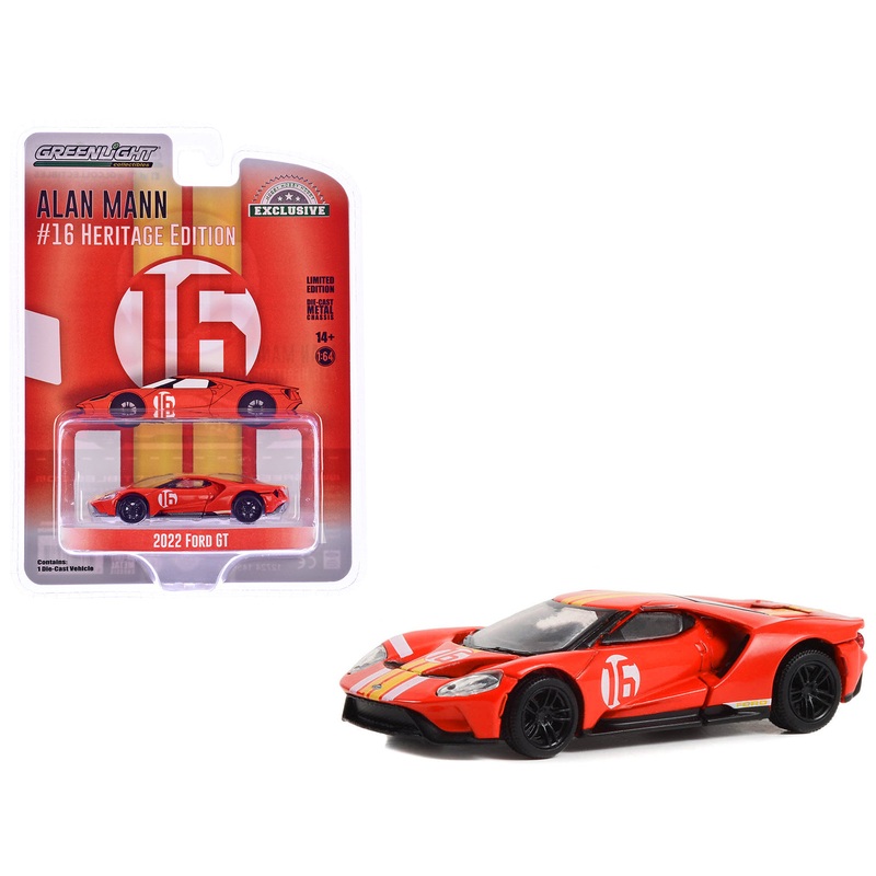 2022 Ford GT Heritage Edition #16 Alan Mann “1966 Ford AM GT-1 Prototype Tribute” Red with Stripes “Hobby Exclusive” Series 1/64 Diecast Model Car by Greenlight