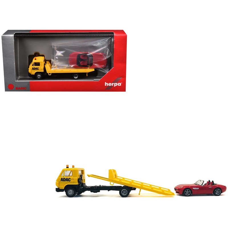 Flatbed Tow Truck “ADAC” Yellow and BMW Z4 Convertible Red Set of 2 pieces 1/87 (HO) Plastic Model Cars by Promotex
