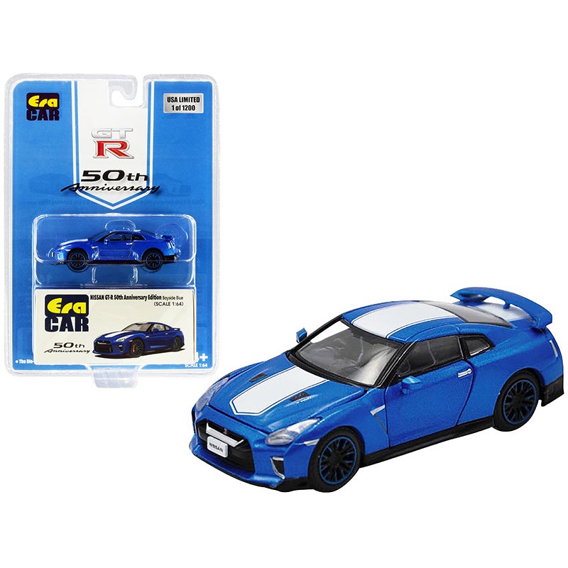 Nissan GT-R RHD (Right Hand Drive) Bayside Blue with White Stripe “50th Anniversary Edition” Limited Edition to 1200 pieces 1/64 Diecast Model Car by Era Car