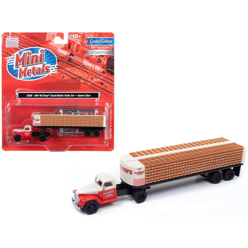 1941-1946 Chevrolet Tractor Red and White with Flatbed Bottle Trailer “Kamm’s Beer” “Mini Metals” Series 1/87 (HO) Scale Model Car by Classic Metal Works