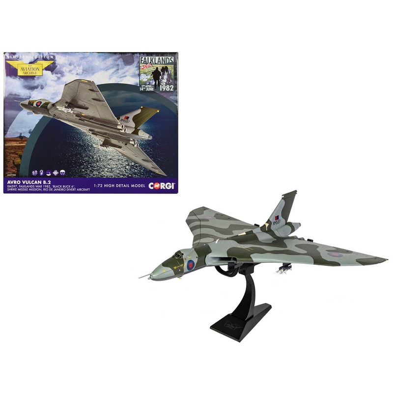 Avro Vulcan B2 Bomber Aircraft “XM597 ‘Black Buck 6 Shrike Missile Mission Rio de Janeiro Divert Aircraft Falklands War” (1982) British Royal Air Force “The Aviation Archive” Series 1/72 Diecast Model by Corgi