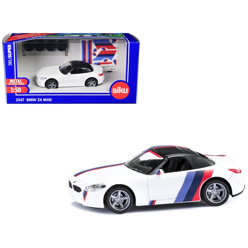 BMW Z4 M40i Cabriolet White with Black Top with Extra Wheels and Decals 1/50 Diecast Model by Siku