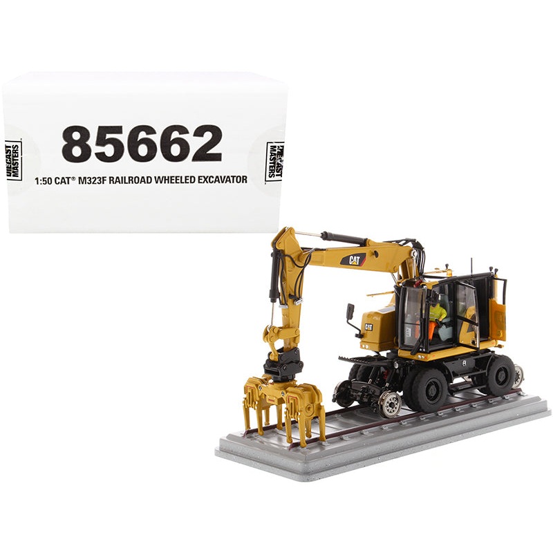 CAT Caterpillar M323F Railroad Wheeled Excavator with Operator and 3 Work Tools (CAT Yellow Version) “High Line Series” 1/50 Diecast Model by Diecast Masters
