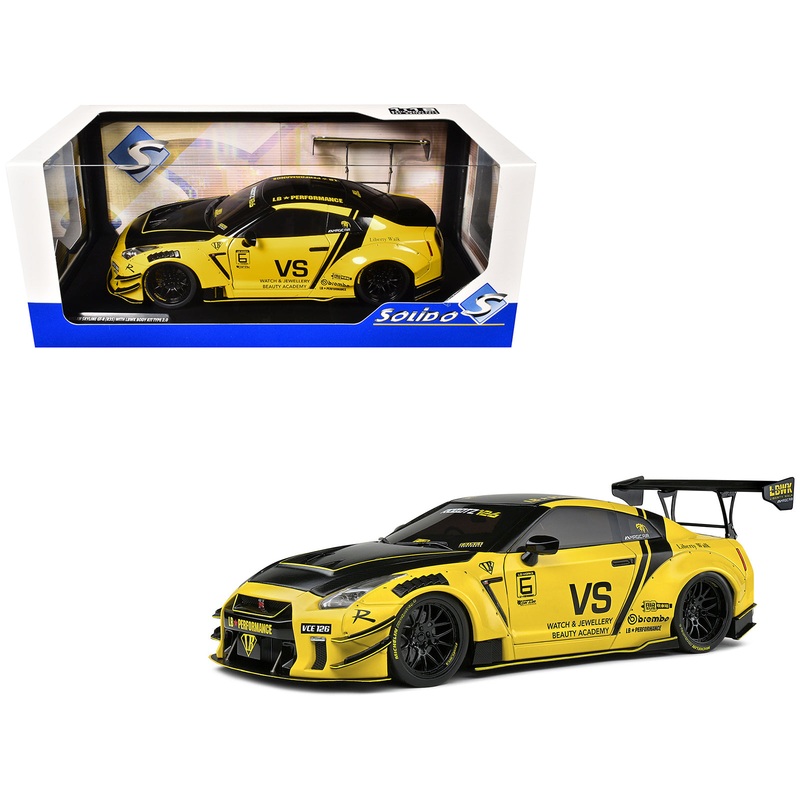 Nissan Skyline GT-R (R35) Liberty Walk Body Kit 2.0 RHD (Right Hand Drive) Yellow with Black Hood and Top 1/18 Diecast Model Car by Solido