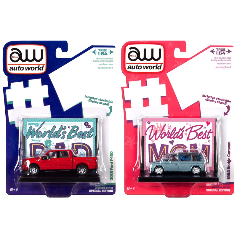 2018 Ford F-150 Pickup Truck Red and 1984 Dodge Caravan Minivan Blue Metallic “World’s Best Mom and Dad” Set of 2 Pieces 1/64 Diecast Model Cars by Auto World