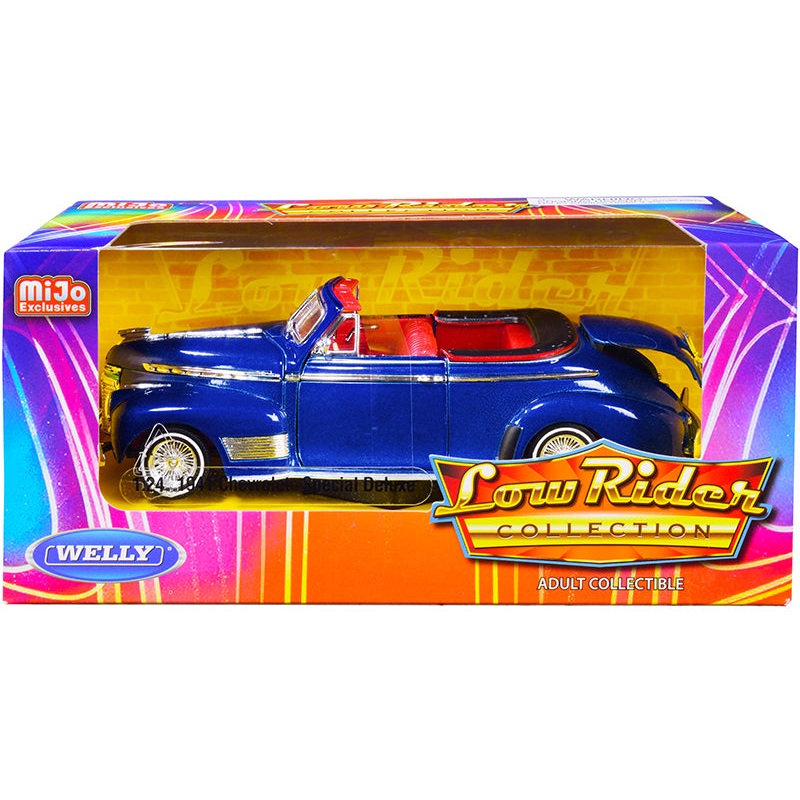 1941 Chevrolet Special Deluxe Convertible Candy Blue Metallic with Red Interior “Low Rider Collection” 1/24 Diecast Model Car by Welly