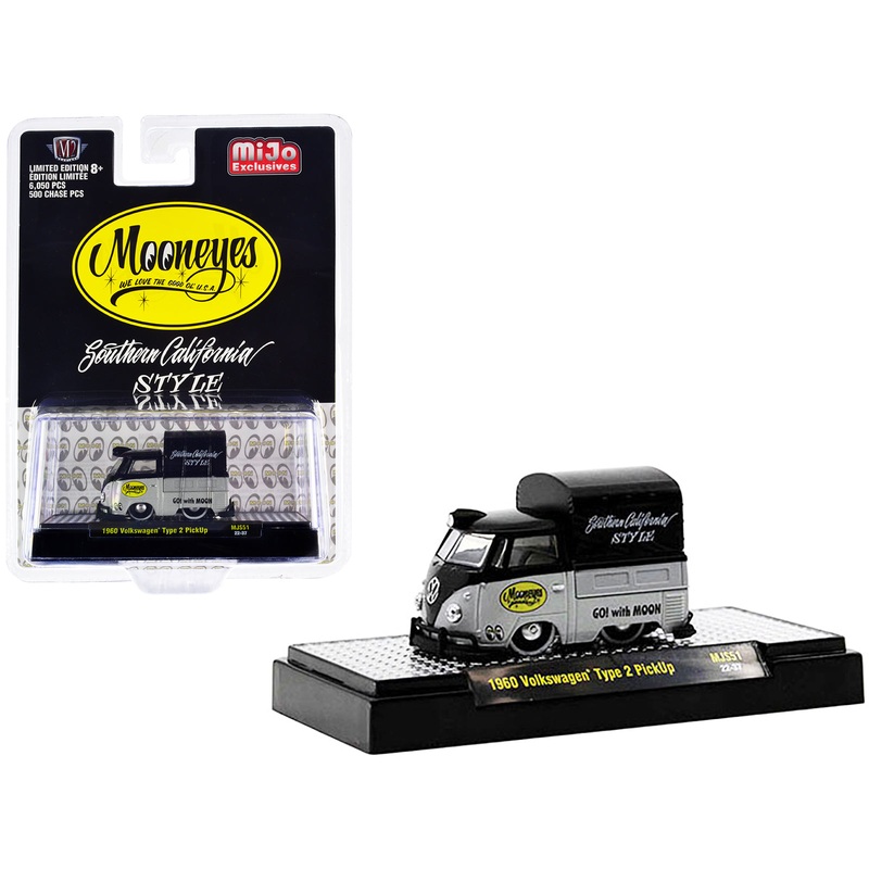 1960 Volkswagen Type 2 Pickup Truck with Canvas Cover “Mooneyes Southern California Style” Black and Gray Limited Edition to 6050 pieces Worldwide 1/64 Diecast Model Car by M2 Machines