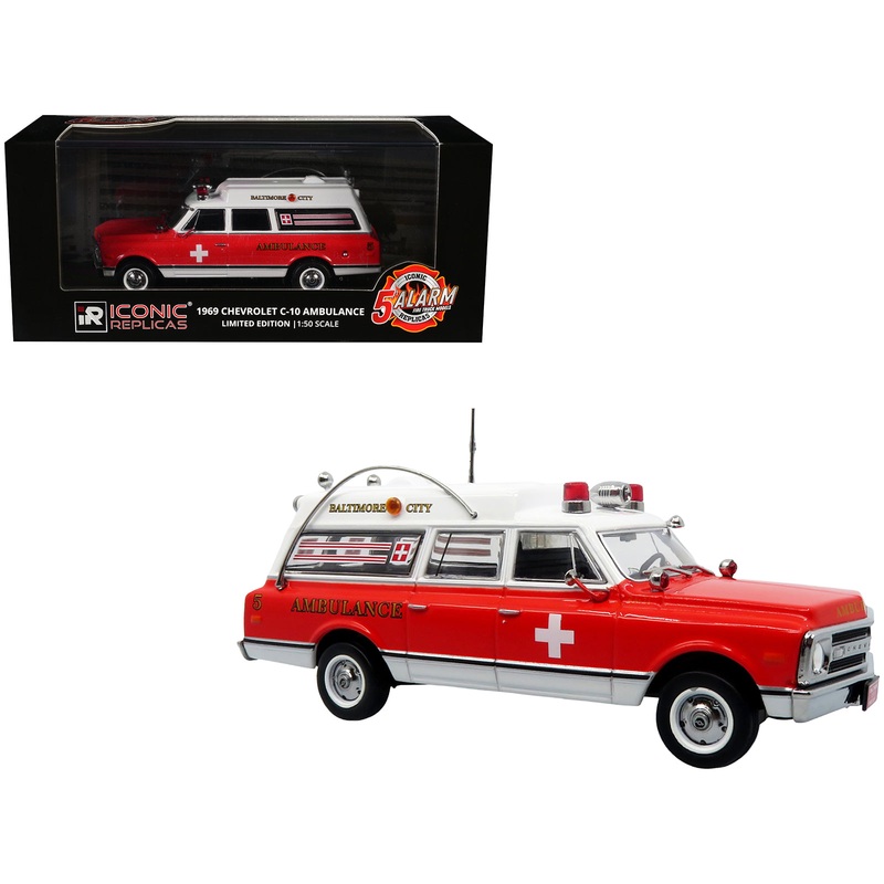 1969 Chevrolet C-10 Ambulance “Baltimore City Fire Department” White and Red “5 Alarm” Series Limited Edition 1/50 Diecast Model by Iconic Replicas