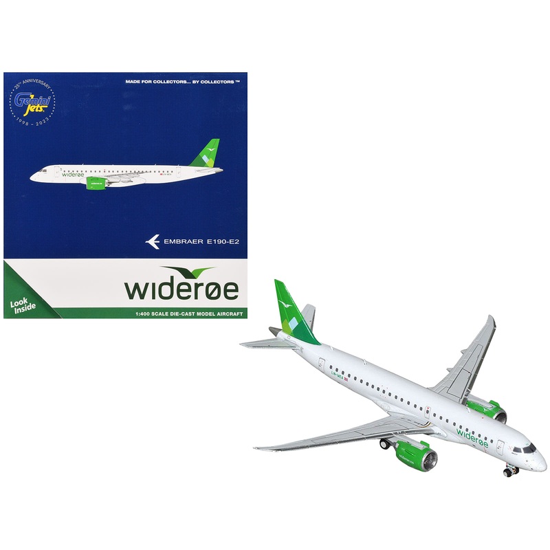 Embraer E190-E2 Commercial Aircraft “Wideroe” (LN-WEA) White with Green Tail 1/400 Diecast Model Airplane by GeminiJets