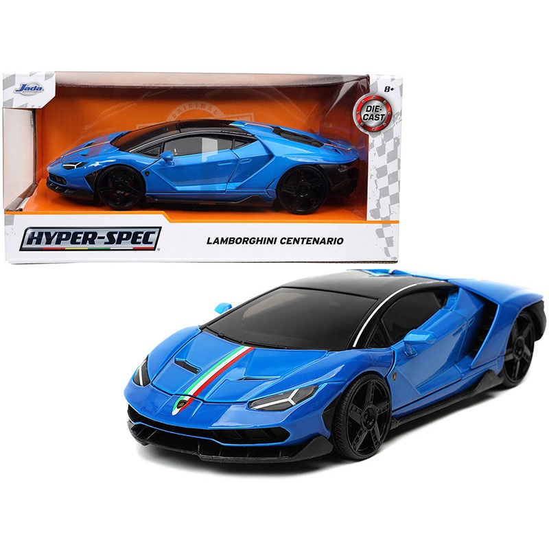 Lamborghini Centenario Blue with Black Top with Stripes “Hyper-Spec” Series 1/24 Diecast Model Car by Jada