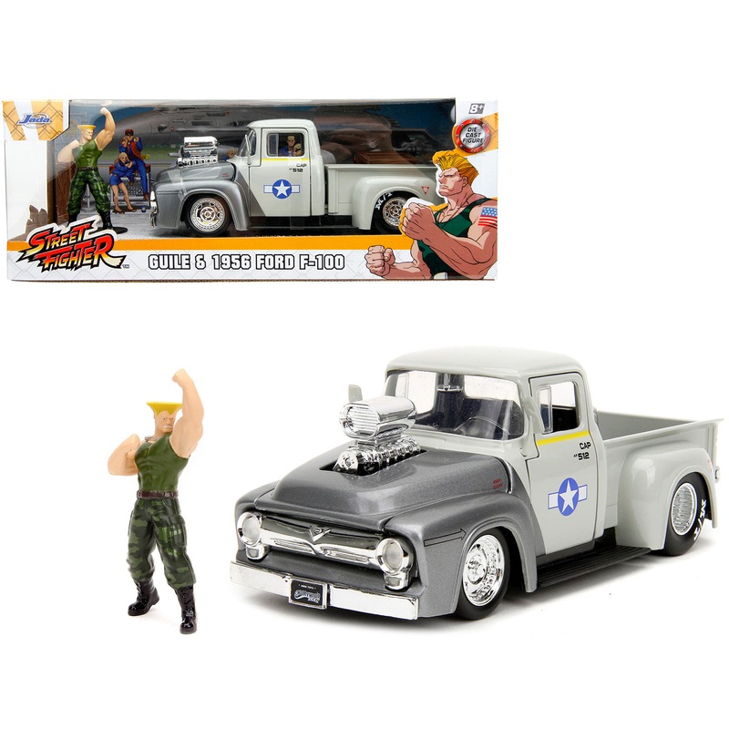 1956 Ford F-100 Pickup Truck Tan and Gray Metallic and Guile Diecast Figure “Street Fighter” Video Game “Anime Hollywood Rides” Series 1/24 Diecast Model Car by Jada