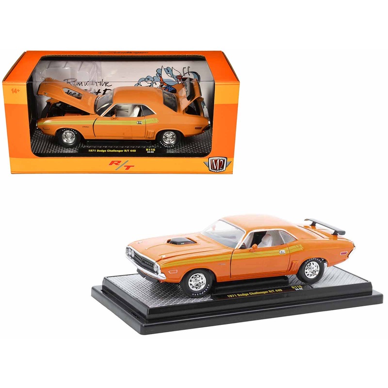 1971 Dodge Challenger R/T 440 Orange with Yellow Stripes and White Interior Limited Edition to 5250 pieces Worldwide 1/24 Diecast Model Car by M2 Machines