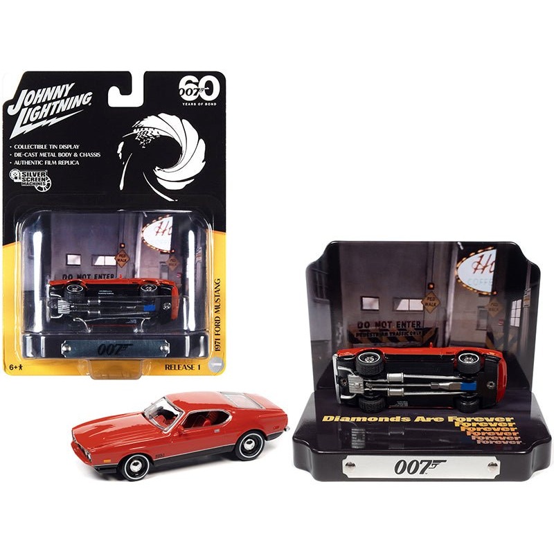 1971 Ford Mustang Mach 1 Red with Collectible Tin Display “007” (James Bond) “Diamonds Are Forever” (1971) Movie “60 Years Of Bond” 1/64 Diecast Model Car by Johnny Lightning