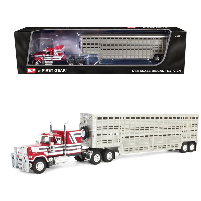 Mack Super-Liner with 60″ Flat Top Sleeper and 45′ Wilson Vintage Livestock Trailer Red with White and Gray Stripes 1/64 Diecast Model by DCP/First Gear