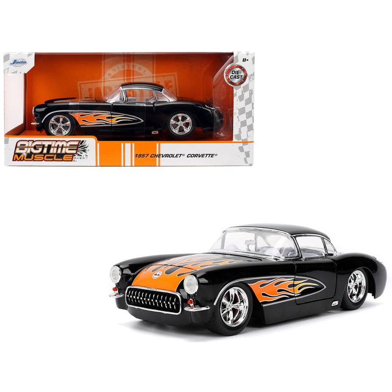 1957 Chevrolet Corvette Black with Flame Graphics and White Interior “Bigtime Muscle” Series 1/24 Diecast Model Car by Jada