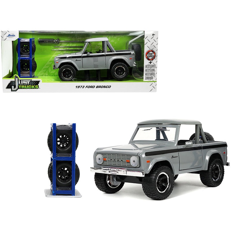 1973 Ford Bronco Pickup Truck Gray with Black Stripes with Extra Wheels “Just Trucks” Series 1/24 Diecast Model Car by Jada