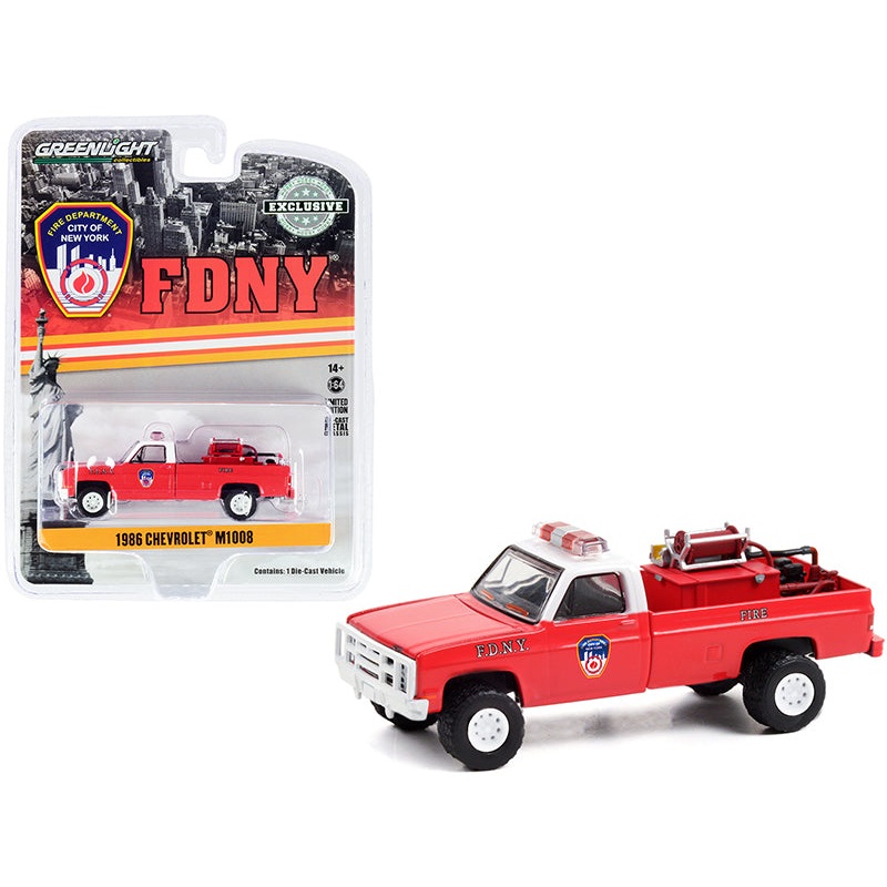 1986 Chevrolet M1008 Pickup Truck Red with White Top with Fire Equipment and Hose and Tank “Fire Department City of New York” (FDNY) “Hobby Exclusive” 1/64 Diecast Model Car by Greenlight