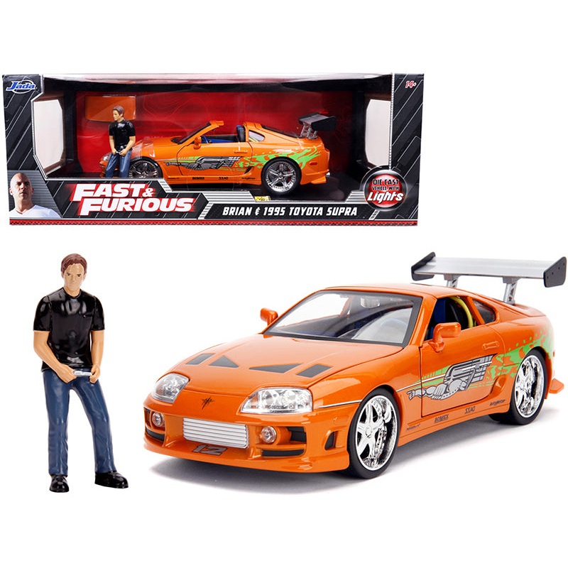 1995 Toyota Supra Orange Metallic with Lights and Brian Figurine “Fast & Furious” Movie 1/18 Diecast Model Car by Jada