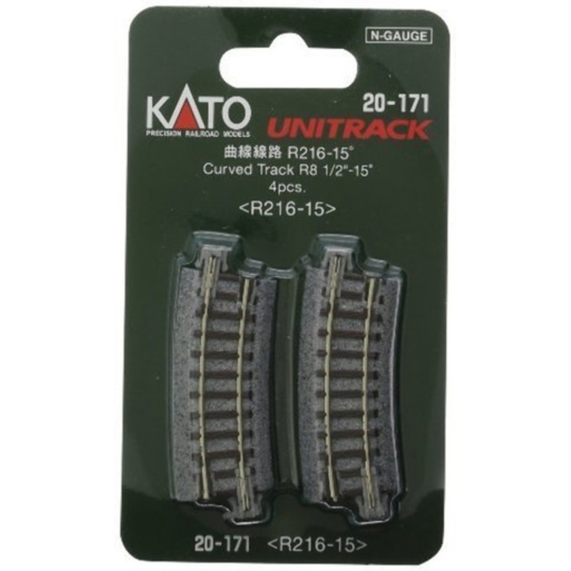 Kato 20-171 N Scale Unitrack 216mm (8 9/16″) Radius 15-Degree Curve Track (4)