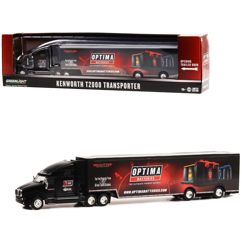 Kenworth T2000 Transporter Black “OPTIMA Batteries: The Ultimate Power Source” “Hobby Exclusive” Series 1/64 Diecast Model by Greenlight