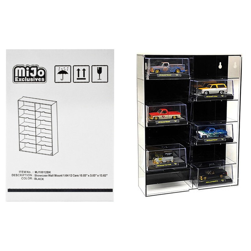 Showcase 12 Car Display Case Wall Mount with Black Back Panel and Extra Space “Mijo Exclusives” for 1/64 Scale Models