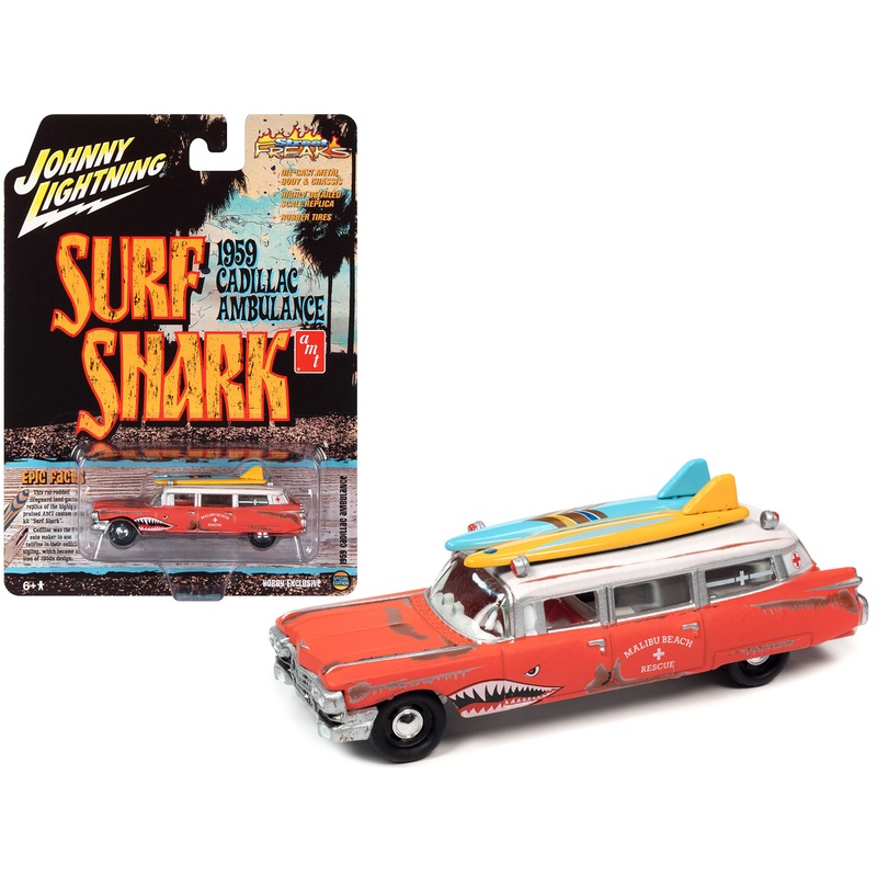 1959 Cadillac Ambulance Red with White Top “Malibu Beach Rescue” (Weathered) with Surfboards on Roof “Surf Shark” “Street Freaks” Series 1/64 Diecast Model Car by Johnny Lightning