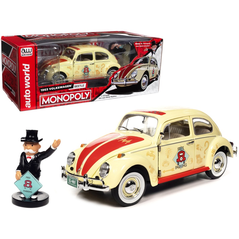 1963 Volkswagen Beetle Yukon Yellow with “Monopoly” Graphics “Free Parking” and Mr. Monopoly Resin Figure 1/18 Diecast Model Car by Auto World