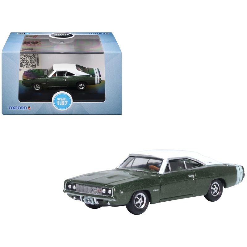 1968 Dodge Charger Racing Green Metallic with White Top and Tail Stripe 1/87 (HO) Scale Diecast Model Car by Oxford Diecast