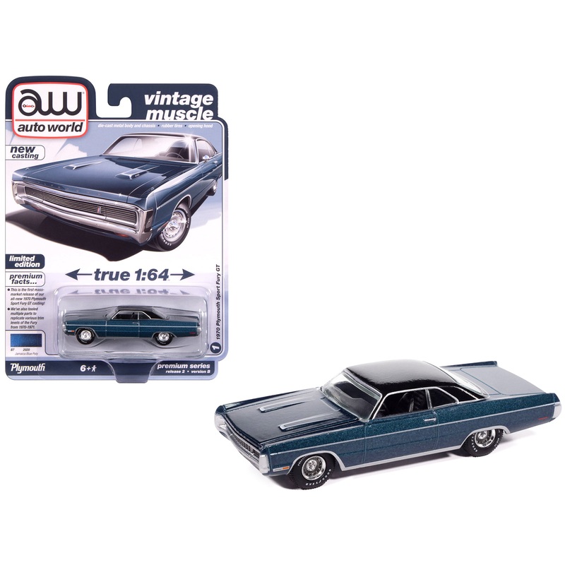 1970 Plymouth Sport Fury GT Jamaican Blue Metallic with Black Top “Vintage Muscle” Series 1/64 Diecast Model Car by Auto World