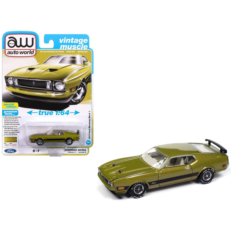 1973 Ford Mustang Mach 1 Bright Green Gold Metallic with Black Stripes “Vintage Muscle” Series 1/64 Diecast Model Car by Auto World