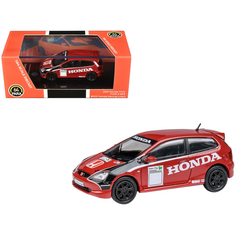 2001 Honda Civic Type R EP3 Red with Graphics “BTCC Honda Racing” 1/64 Diecast Model Car by Paragon Models