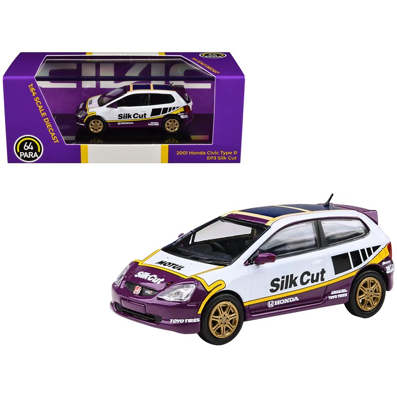 2001 Honda Civic Type R EP3 “Silk Cut” White and Purple with Graphics 1/64 Diecast Model Car by Paragon Models