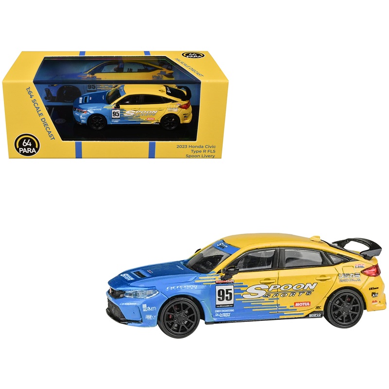 2023 Honda Civic Type R FL5 #95 “Spoon Sports Livery” Blue and Yellow 1/64 Diecast Model Car by Paragon Models