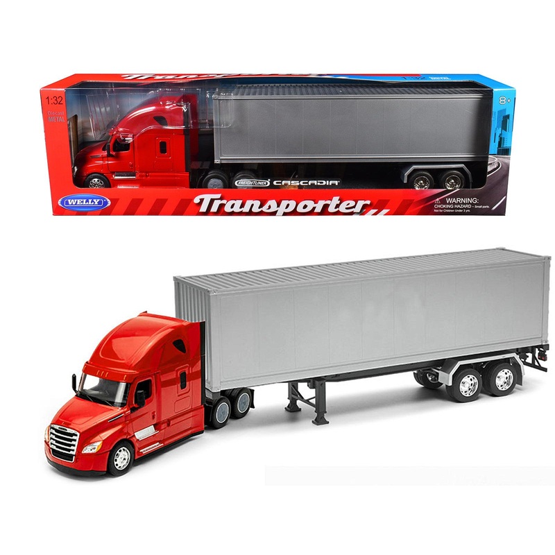 Freightliner Cascadia Truck Red with Gray Container “Transporter” Series 1/32 Diecast Model by Welly