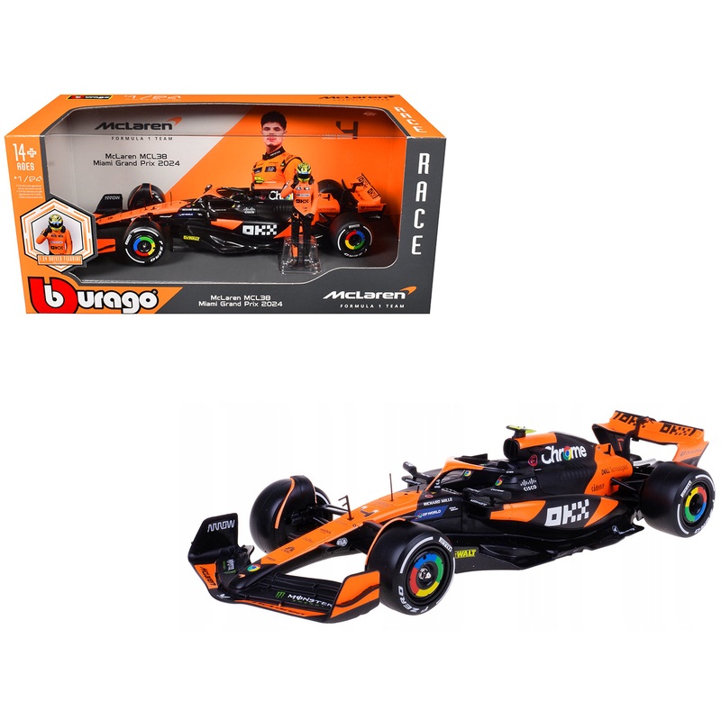 McLaren MCL38 #4 Lando Norris “OKX” Winner Formula One F1 “Miami GP” (2024) with Driver Figure “Race” Series 1/24 Diecast Model Car by Bburago