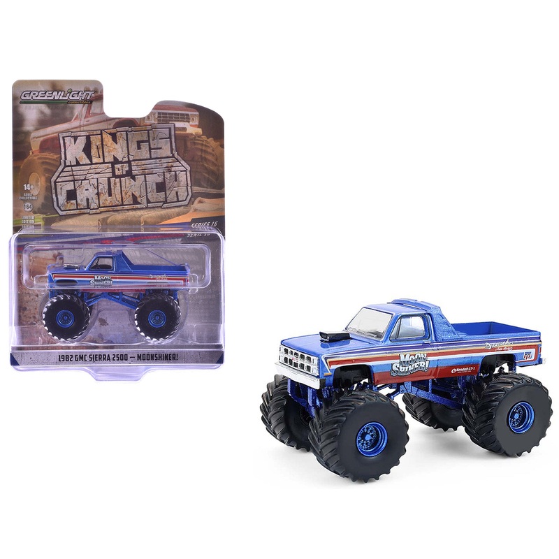 1982 GMC Sierra 2500 Monster Truck “Moonshiner!” Blue Metallic with Stripes “Kings of Crunch” Series 16 1/64 Diecast Model Car by Greenlight