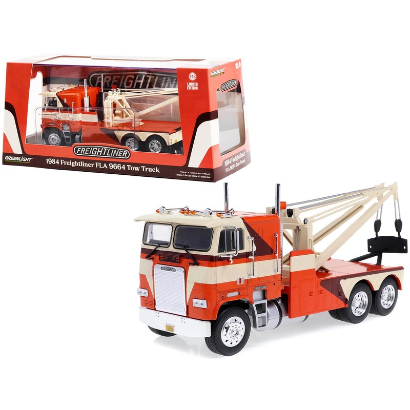 1984 Freightliner FLA 9664 Tow Truck Orange and White with Brown Graphics 1/43 Diecast Model Car by Greenlight